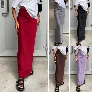 Женская атласная юбка с высокой талией, длинная юбка миди, узкая юбка-трапеция с запахом и бедрами из искусственного шелка для уличной моды на весну и лето S серый