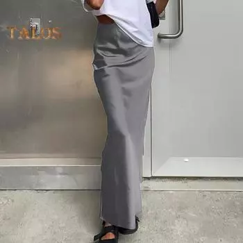 Женская атласная юбка с высокой талией, длинная юбка миди, узкая юбка-трапеция с запахом и бедрами из искусственного шелка для уличной моды на весну и лето S вино красного