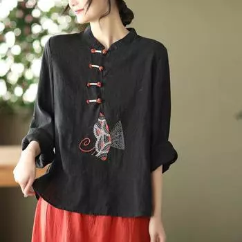 Женская этническая китайская футболка с вышивкой, свободная повседневная офисная рубашка L чёрный