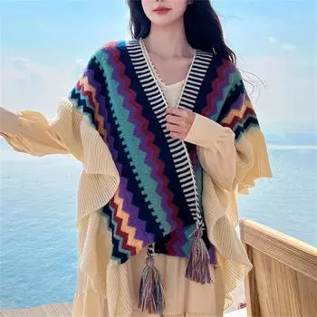 Женская этническая ретро накидка на голову толстый цветной полосатый шарф-шаль One Size синий