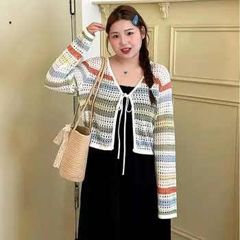 Женская ажурная блуза в полоску, летнее вязаное пальто, кардиган XXL жёлтый