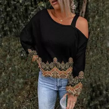 Женская ажурная модная повседневная толстовка с капюшоном с цветочным принтом и открытыми плечами L чёрный