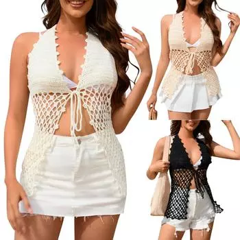 Женская ажурная пляжная вязаная куртка для отпуска, пляжный топ L бежевый