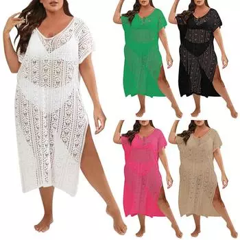 Женская ажурная тканая рубашка больших размеров с глубоким V-образным вырезом, пляжное бикини, верхняя блузка One Size чёрный