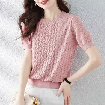 Женская ажурная трикотажная рубашка из ледяного шелка, летняя женская футболка, свободный топ с круглым вырезом в стиле темперамент S