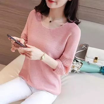 Женская ажурная трикотажная рубашка со средним рукавом и низом свитера, женский свободный верх, тонкий S чёрный