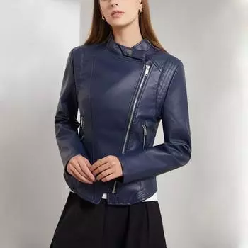 Женская байкерская куртка из искусственной кожи с воротником-стойкой, асимметричная молния из искусственной кожи, мото-пальто, короткая мотоциклетная укороченная верхняя одежда, топы-бомберы, осенне-весенние наряды, модная новинка S темно-синий