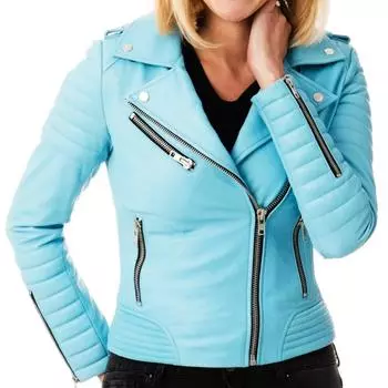 Женская байкерская куртка из натуральной овечьей кожи небесно-голубого цвета Noora | Куртка мотоцикла пригонки дам тонкая, Хандмаде стеганая кожаная куртка зимы XS