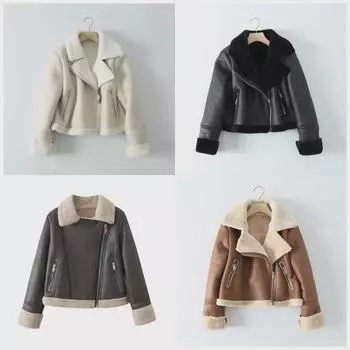 Женская байкерская куртка с лацканами в европейском и американском стиле, осень/зима 2023 г. - четырехцветная утолщенная короткая шуба Medium белый