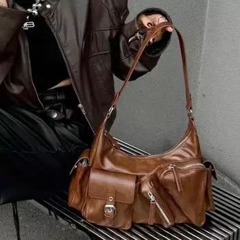 Женская байкерская сумка в стиле ретро Sweet Cool Spice Handbag Большая вместительная сумка через плечо с несколькими карманами темно-зеленого