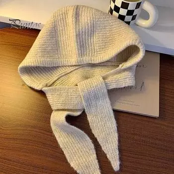 Женская Балаклава с встроенным шарфом, зимняя вязаная шапка, толстая защита ушей, однотонный ветрозащитный теплоизоляционный головной убор для походов и путешествий светло-бежевый