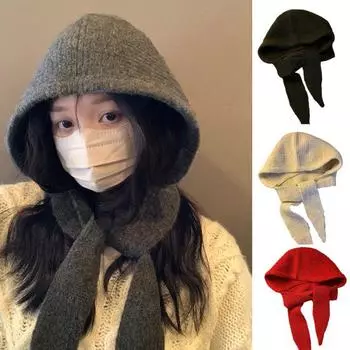 Женская Балаклава с встроенным шарфом, зимняя вязаная шапка, толстая защита ушей, однотонный ветрозащитный теплоизоляционный головной убор для походов и покупок красный