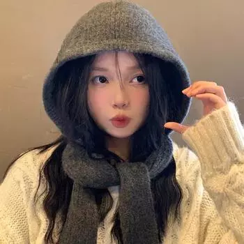 Женская Балаклава с встроенным шарфом, зимняя вязаная шапка, толстая защита ушей, однотонный ветрозащитный теплоизоляционный головной убор для походов и путешествий светло-бежевый