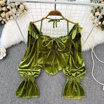 Женская бархатная блузка с квадратным воротником и баской с пышными рукавами в иностранном стиле, тонкая короткая стильная шикарная блузка на осень