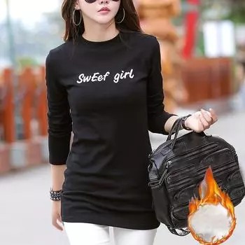 Женская бархатная футболка с длинным рукавом и вышивкой буквами, осень-зима, теплые повседневные футболки с круглым вырезом, женский пуловер больших размеров, черный Y2k, утепленная одежда, топы L белый