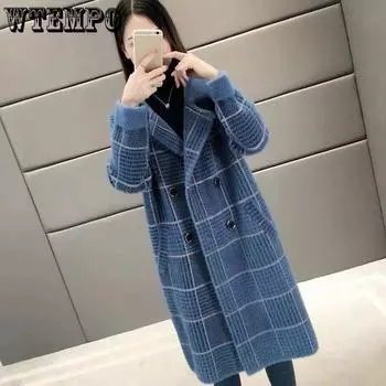 Женская бархатная куртка из искусственной норки, ветровка с длинным абзацем, осеннее и зимнее свободное двустороннее пальто в клетку One Size белый