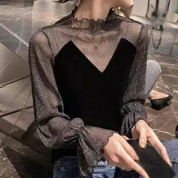 Женская бархатная лоскутная полуводолазка с длинным рукавом, повседневный пуловер, темперамент, облегающая однотонная базовая рубашка XL