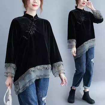 Женская бархатная нестандартная рубашка-чеонгсам с вышитой сетчатой строчкой, блузка с китайской лягушкой, пуговица, косой клапан XXXXL чёрный