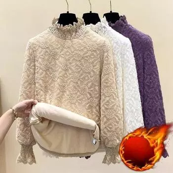 Женская бархатная нижняя рубашка кружевной базовый слой осень-зима полувысокий воротник тонкая толстая теплая флисовая футболка кружевной пуловер топ S хаки