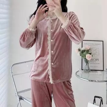 Женская бархатная пижама, комплект из двух предметов, осенне-зимняя велюровая пижама, брючные костюмы с длинным рукавом, элегантная французская домашняя одежда, одежда для отдыха M