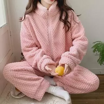 Женская бархатная пижама осень/зима 2024 года: Плотная, теплая, с высоким воротником, на молнии спортивная одежда для дома Size M