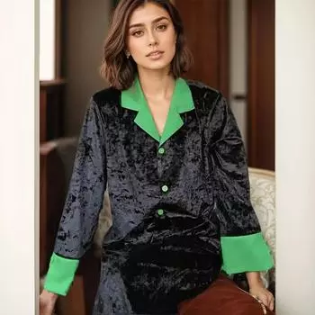 Женская бархатная пижама, осенне-зимняя бархатная пижама, комплект с брюками, повседневная домашняя одежда из двух предметов, домашняя одежда S чёрный