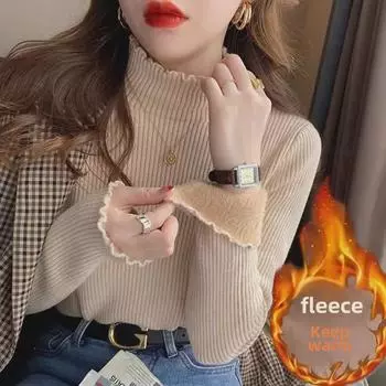 Женская бархатная полуводолазка 2024 года с деревянными ушками – теплая, плотная, универсальная рубашка на осень/зиму One Size