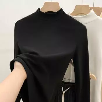 Женская бархатная рубашка для женщин на осень и зиму, новый стиль, женский узкий топ с воротником-стойкой и длинными рукавами S чёрный