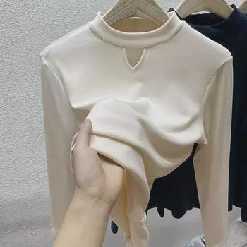 Женская бархатная рубашка с длинным рукавом и полуводолазкой - 2024 Осень/Зима Hollow Design