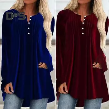 Женская бархатная рубашка с V-образным вырезом, пуговицами, полузастежкой, длинным рукавом, асимметричным подолом, однотонная блузка средней длины L вино красного