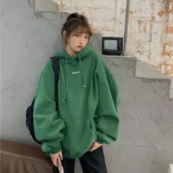 Женская бархатная толстовка с капюшоном, осень-зима, с буквенным принтом, свободная, большого размера, для студенток L зелёный