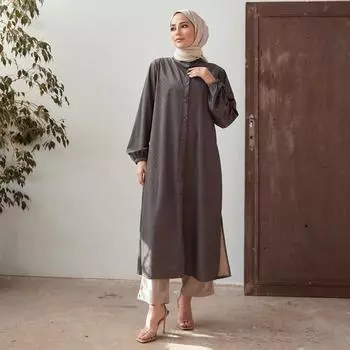 Женская бархатная туника больших размеров на пуговицах с длинными рукавами