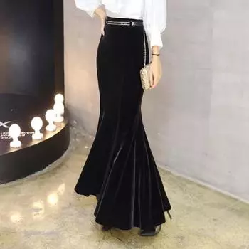 Женская бархатная юбка-русалка с рыбьим хвостом, длинная макси-облегающая черная винтажная юбка XL вино красного