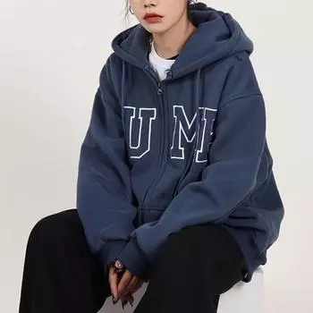 Женская бархатная утолщенная толстовка с принтом, верхняя куртка-кардиган средней длины с капюшоном M темно-синий