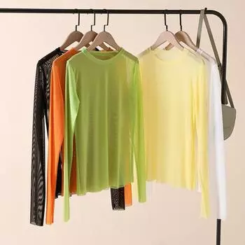 Женская базовая футболка с прозрачной сеткой, блузка с прозрачными топами с круглым вырезом и длинными рукавами S(UK 6) чёрный