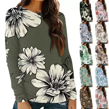 Женская базовая осенняя верхняя одежда с длинными рукавами и круглым вырезом с цветочным принтом, облегающая футболка XXL чёрный