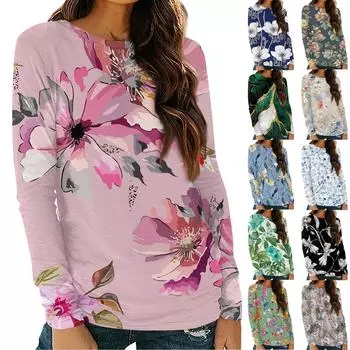 Женская базовая осенняя верхняя одежда с длинными рукавами и круглым вырезом с цветочным принтом, облегающая футболка S