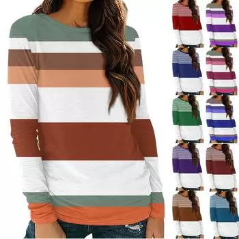 Женская базовая осенняя верхняя одежда с круглым вырезом и полосатым принтом с длинными рукавами, облегающая футболка