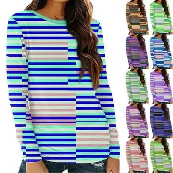 Женская базовая осенняя верхняя одежда с круглым вырезом и полосатым принтом с длинными рукавами, облегающая футболка L