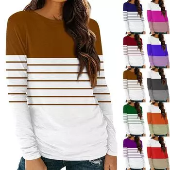 Женская базовая осенняя верхняя одежда с круглым вырезом и полосатым принтом с длинными рукавами, облегающая футболка S