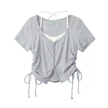 Женская базовая повседневная футболка с низким вырезом в стиле пэчворк с коротким рукавом и сексуальным халтером S серый