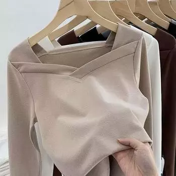 Женская базовая рубашка из немецкого бархата большого размера, осенне-зимняя новинка с нишевым дизайном, квадратным воротником и неровным полированным низом. S/60-80