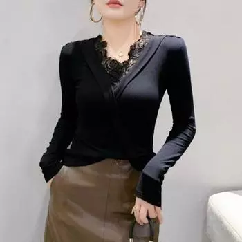 Женская базовая рубашка с кружевным верхом и V-образным вырезом. Новая весенняя футболка с длинными рукавами. Облегающая рубашка с тонким внутренним пуловером. S