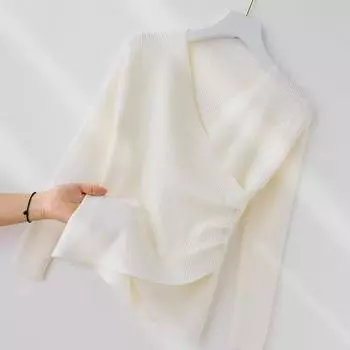 Женская базовая рубашка весна и осень, внутренний свитер, новая женская одежда, осень и зима, универсальный вязаный свитер с длинным рукавом, топ с V-образным вырезом S/80-90 белый