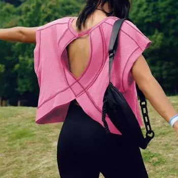 Женская беговая футболка с круглым вырезом и коротким рукавом, открытая спина, спортивный топ свободного кроя, однотонные повседневные топы для спортзала S королевский синий