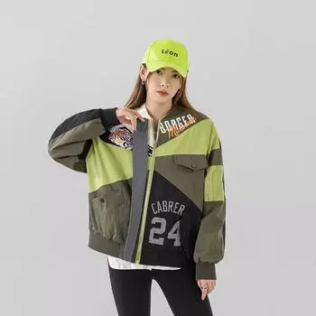 Женская бейсбольная форма весна-осень, повседневный стиль, цветовое сочетание в европейском и американском стиле, пальто с длинным рукавом, свободный кардиган, летная куртка M зелёный