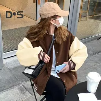 Женская бейсбольная куртка, цветная, эластичная манжета, воротник-стойка, унисекс, свободная верхняя одежда, однобортная, в стиле ретро, американский стиль, уличная, куртка для пары S кофейный