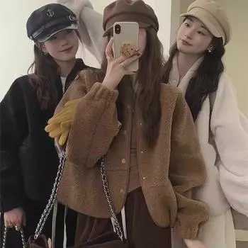 Женская бейсбольная куртка из овчины: Новый стиль осень/зима, свободный крой, универсальная модель, короткий фасон, флис с длинными рукавами, идеально подходит для студенток. Medium