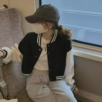 Женская бейсбольная куртка контрастного цвета - новый осенний свободный повседневный дизайн 2025 года Extra Large