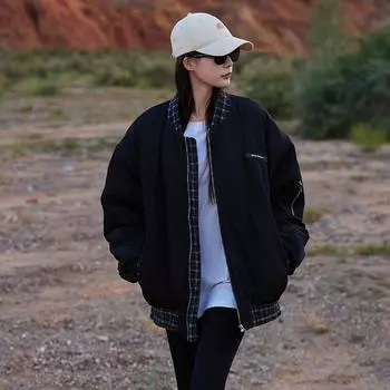 Женская бейсбольная куртка с хлопковой подкладкой, женская зимняя куртка 2024 года, свободный повседневный летный костюм, хлопковая куртка S чёрный